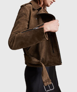 Jenna Women's Dark Brown Suede Leather Biker Jacket - Dark Brown Suede Leather Biker Jacket for Women - Side View