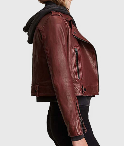 Jenna Women's Maroon Leather Biker Jacket - Maroon Leather Biker Jacket for Women - Side View
