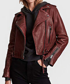Jenna Women's Maroon Leather Biker Jacket - Maroon Leather Biker Jacket for Women - Front View