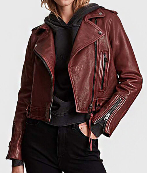 Jenna Women's Maroon Leather Biker Jacket - Maroon Leather Biker Jacket for Women - Front View
