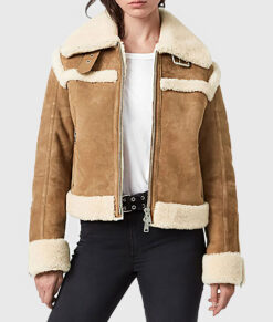 Kelly Women's Tan B-3 Bomber Suede Leather Jacket - Tan B-3 Bomber Suede Leather Jacket for Women - Front View