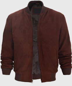 Kimber Men's Dark Brown MA-1 Bomber Suede Leather Jacket - Dark Brown MA-1 Bomber Suede Leather Jacket for Men - Open Front View