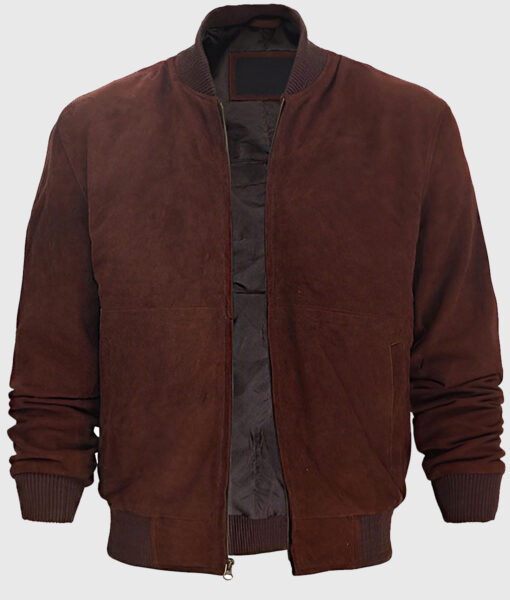 Kimber Men's Dark Brown MA-1 Bomber Suede Leather Jacket - Dark Brown MA-1 Bomber Suede Leather Jacket for Men - Open Front View