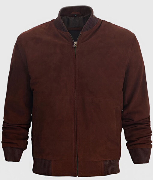 Kimber Men's Dark Brown MA-1 Bomber Suede Leather Jacket - Dark Brown MA-1 Bomber Suede Leather Jacket for Men - Close Front View