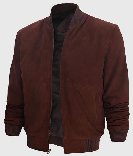 Kimber Men's Dark Brown MA-1 Bomber Suede Leather Jacket - Dark Brown MA-1 Bomber Suede Leather Jacket for Men - Side View