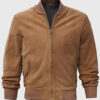 Lenner Men's Cognac MA-1 Bomber Suede Leather Jacket - Cognac MA-1 Bomber Suede Leather Jacket for Men - Close Front View