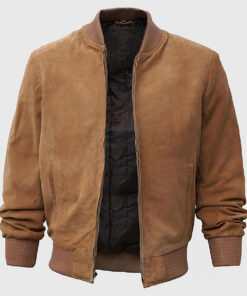Lenner Men's Cognac MA-1 Bomber Suede Leather Jacket - Cognac MA-1 Bomber Suede Leather Jacket for Men - Open Front View