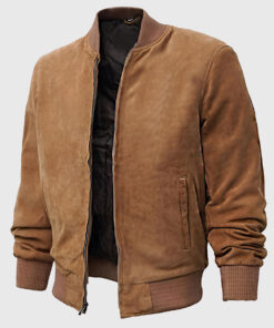 Lenner Men's Cognac MA-1 Bomber Suede Leather Jacket - Cognac MA-1 Bomber Suede Leather Jacket for Men - Side View