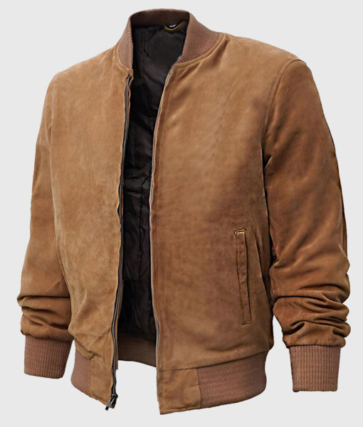 Lenner Men's Cognac MA-1 Bomber Suede Leather Jacket - Cognac MA-1 Bomber Suede Leather Jacket for Men - Side View