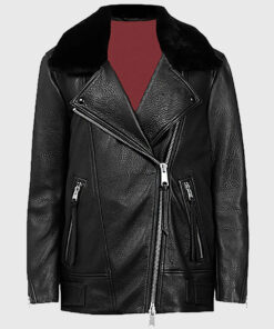 Lucy Women's Black Shearling Leather Biker Jacket - Black Shearling Leather Biker Jacket for Women - Front without model View