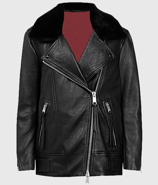 Lucy Women's Black Shearling Leather Biker Jacket - Black Shearling Leather Biker Jacket for Women - Front without model View