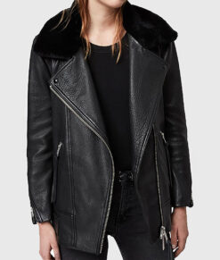 Lucy Women's Black Shearling Leather Biker Jacket - Black Shearling Leather Biker Jacket for Women - Front first View