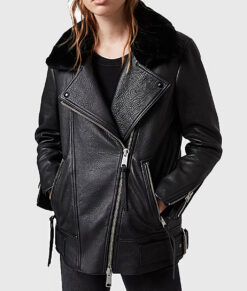 Lucy Women's Black Shearling Leather Biker Jacket - Black Shearling Leather Biker Jacket for Women - Front second View