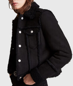 Rosario Women's Black Suede Leather Trucker Jacket - Black Suede Leather Trucker Jacket for Women - Side View