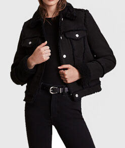 Rosario Women's Black Suede Leather Trucker Jacket - Black Suede Leather Trucker Jacket for Women - Closeup View