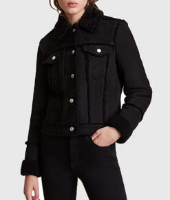 Rosario Women's Black Suede Leather Trucker Jacket - Black Suede Leather Trucker Jacket for Women - Front View