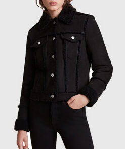 Rosario Women's Black Suede Leather Trucker Jacket - Black Suede Leather Trucker Jacket for Women - Front View