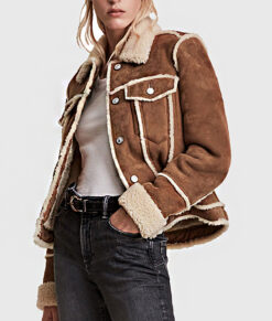 Rosario Women's Brown Suede Leather Trucker Jacket - Brown Suede Leather Trucker Jacket for Women - Right Side View