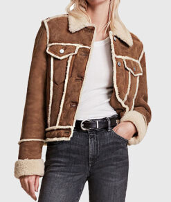 Rosario Women's Brown Suede Leather Trucker Jacket - Brown Suede Leather Trucker Jacket for Women - Front View