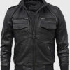 Greg Men's Black Hooded Leather Biker Jacket - Black Hooded Leather Biker Jacket for Men - Front View