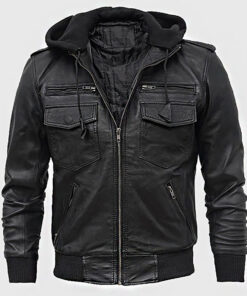 Greg Men's Black Hooded Leather Biker Jacket - Black Hooded Leather Biker Jacket for Men - Front View2
