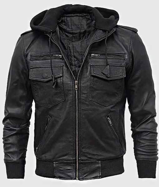 Greg Men's Black Hooded Leather Biker Jacket - Black Hooded Leather Biker Jacket for Men - Front View2
