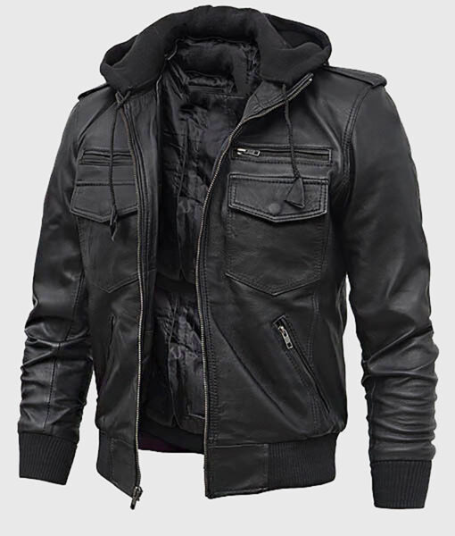 Greg Men's Black Hooded Leather Biker Jacket - Black Hooded Leather Biker Jacket for Men - Side View