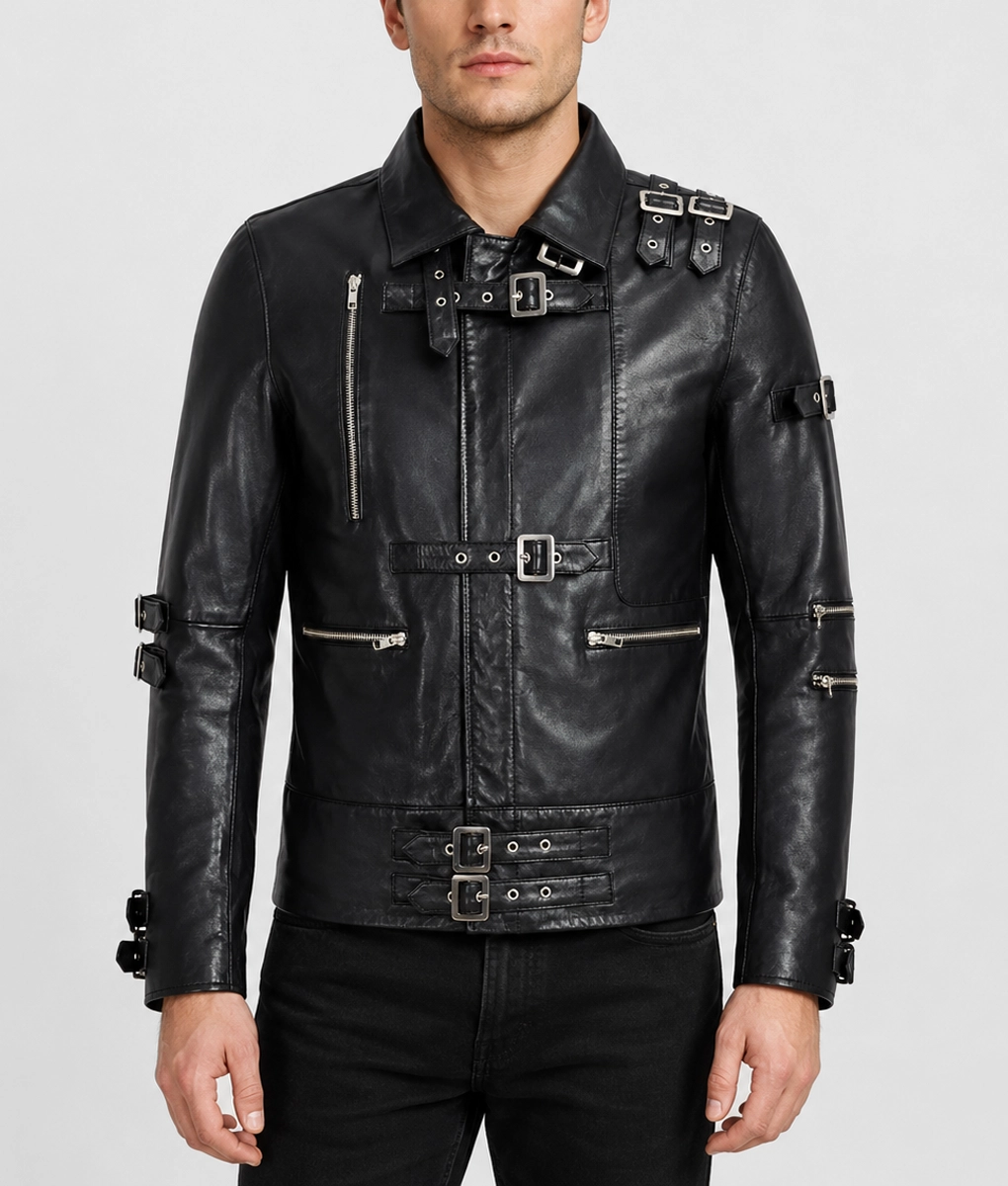 Michael Jackson World Tour Black Leather Jacket with Multi Strap