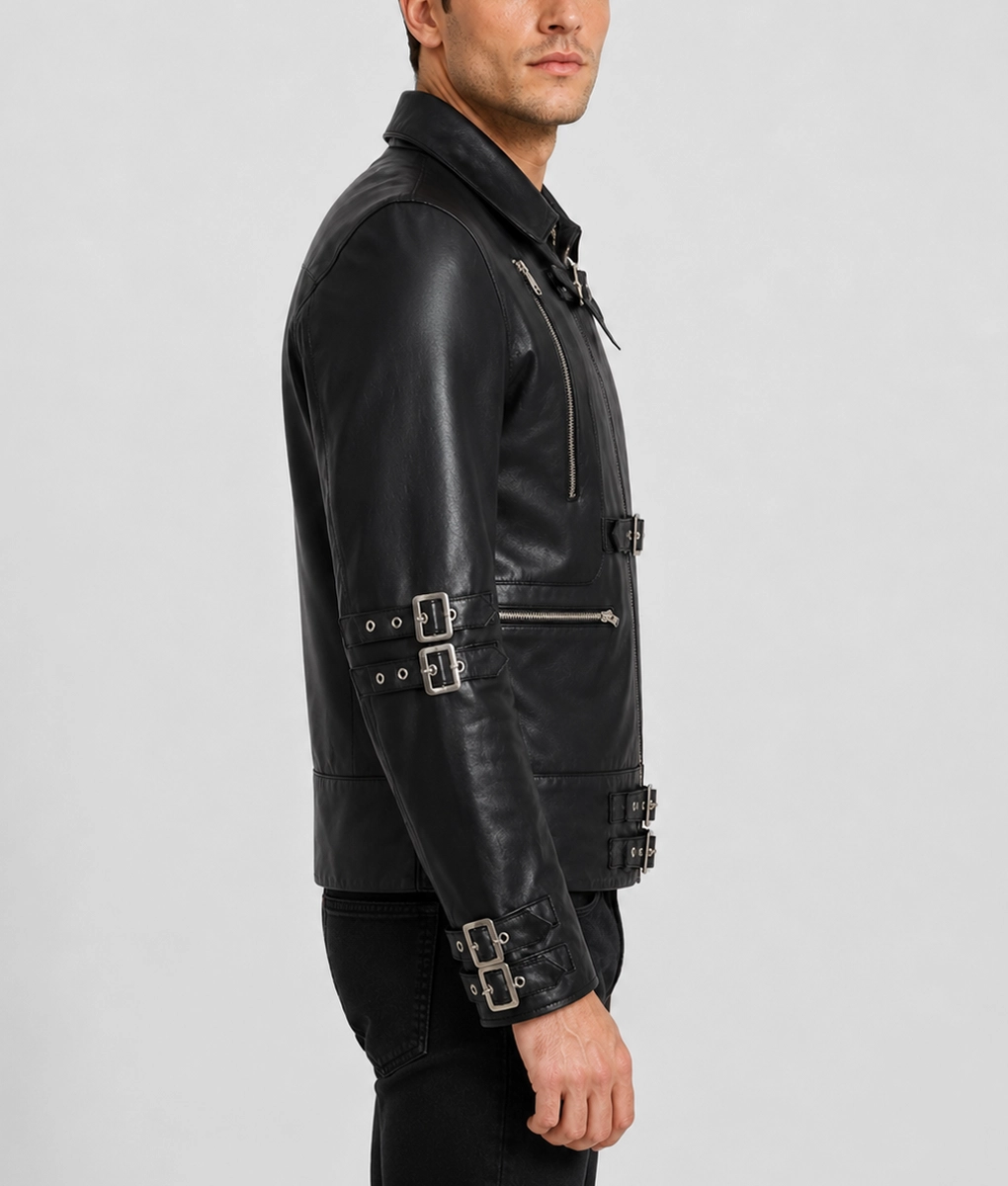 Michael Jackson World Tour Black Leather Jacket with Multi Strap