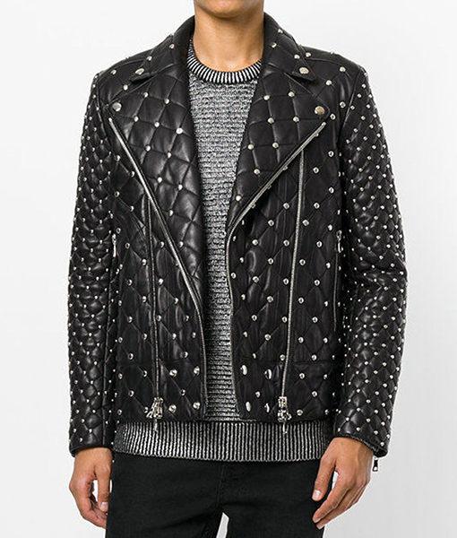 Mens Black Studded Quilted Leather Jacket