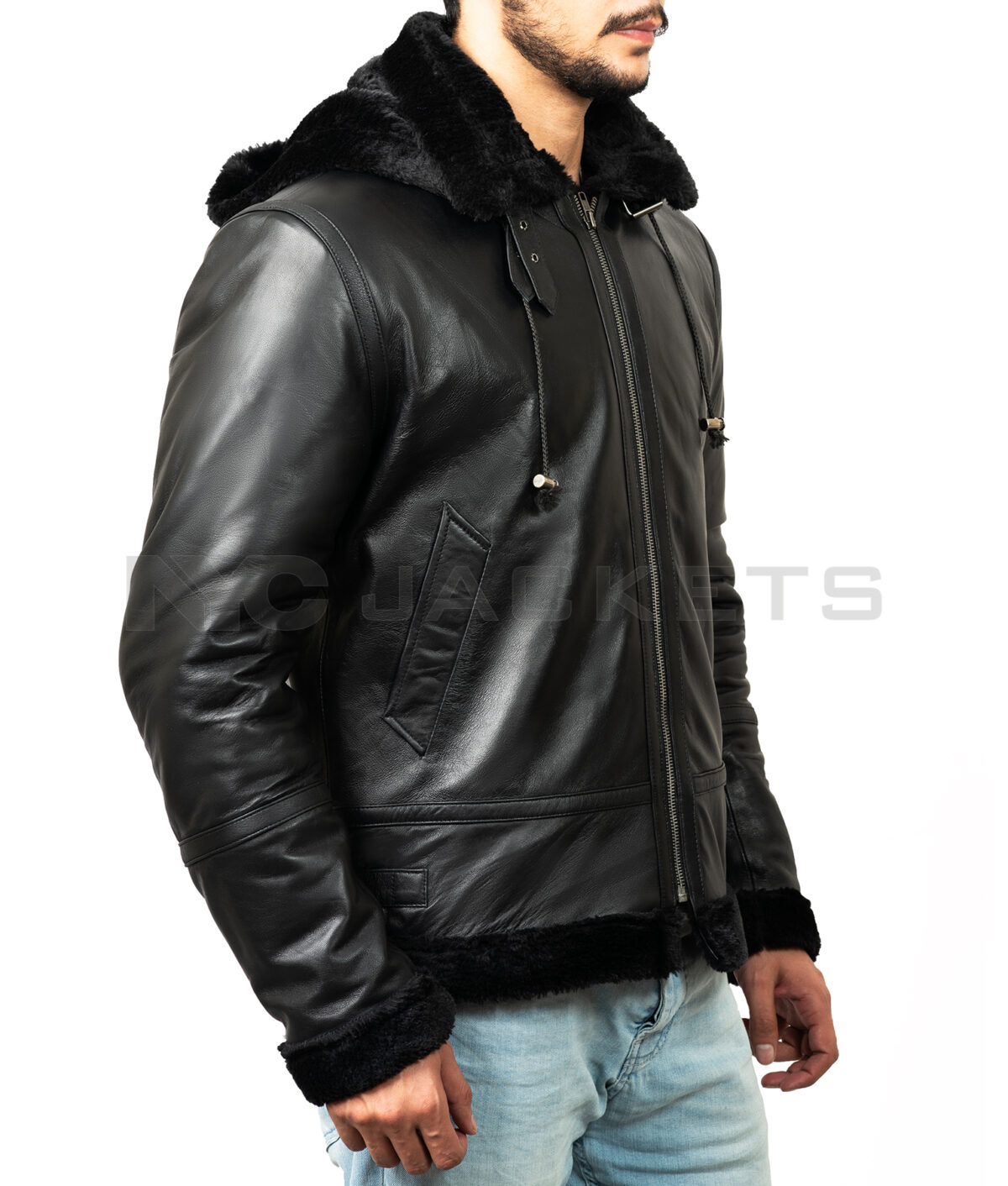 Barboda Black Hooded Mens Bomber Leather Jacket