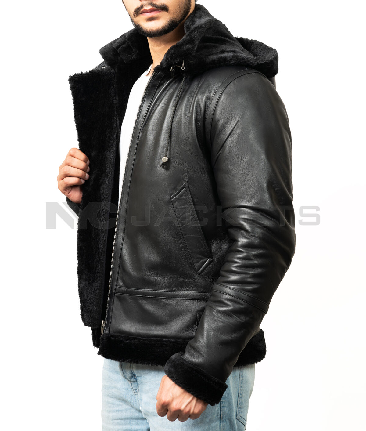 Barboda Black Hooded Mens Bomber Leather Jacket