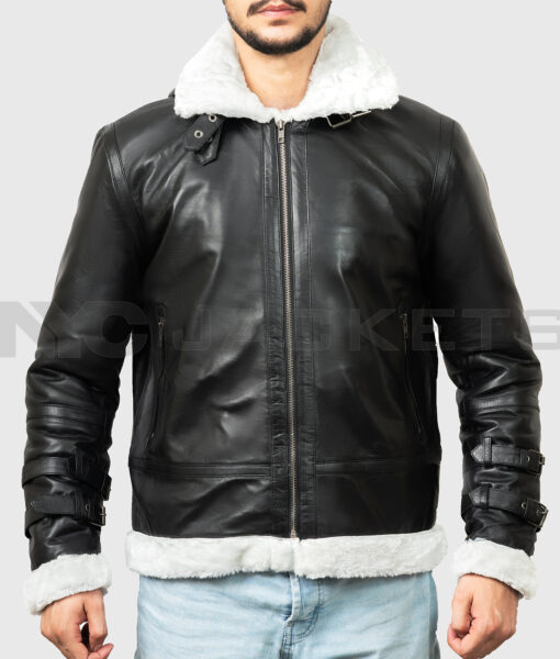 Theodore Men's Black Hooded B-3 Bomber Leather Jacket - Black Hooded B-3 Bomber Leather Jacket for Men - Front Close View