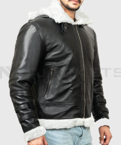Theodore Men's Black Hooded B-3 Bomber Leather Jacket - Black Hooded B-3 Bomber Leather Jacket for Men - Side Close View