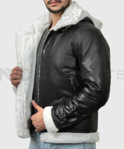 Theodore Men's Black Hooded B-3 Bomber Leather Jacket - Black Hooded B-3 Bomber Leather Jacket for Men - Side Open View