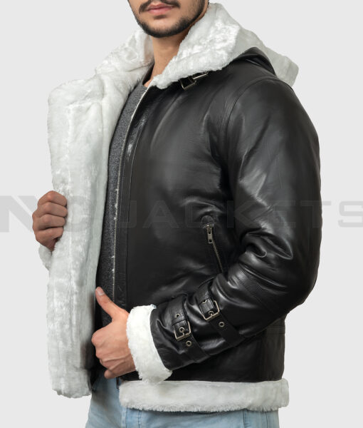 Theodore Men's Black Hooded B-3 Bomber Leather Jacket - Black Hooded B-3 Bomber Leather Jacket for Men - Side Open View