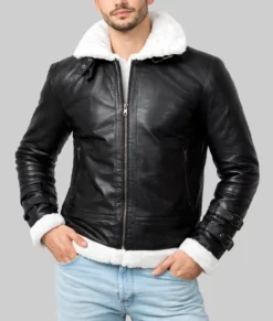 Theodore Men’s Black Hooded B-3 Bomber Leather Jacket-Front