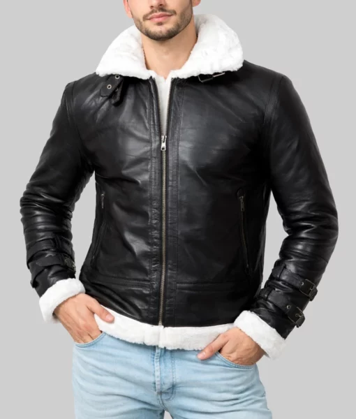 Theodore Men’s Black Hooded B-3 Bomber Leather Jacket-Front