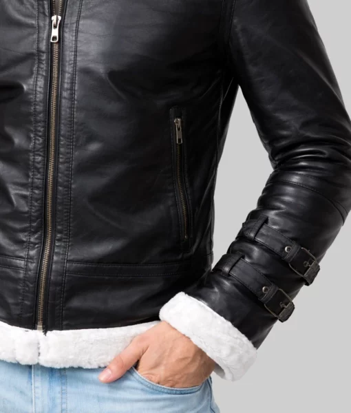 Theodore Men’s Black Hooded B-3 Bomber Leather Jacket-Zoom