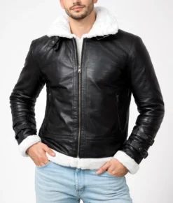 Theodore Men's Black Hooded B-3 Bomber Leather Jacket-Front
