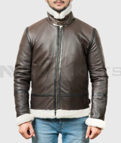 Theodore Men's Brown B-3 Bomber Leather Jacket - Brown B-3 Bomber Leather Jacket for Men - Front Close View