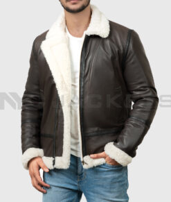 Theodore Men's Brown B-3 Bomber Leather Jacket - Brown B-3 Bomber Leather Jacket for Men - Front Open View