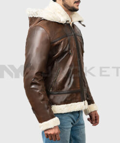 Theodore Men's Brown Hooded B-3 Bomber Leather Jacket - Brown Hooded B-3 Bomber Leather Jacket for Men - Side View