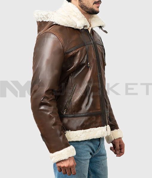 Theodore Men's Brown Hooded B-3 Bomber Leather Jacket - Brown Hooded B-3 Bomber Leather Jacket for Men - Side View