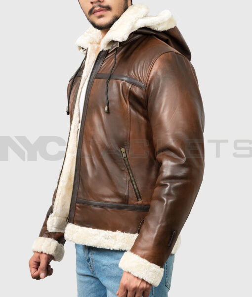 Theodore Men's Brown Hooded B-3 Bomber Leather Jacket