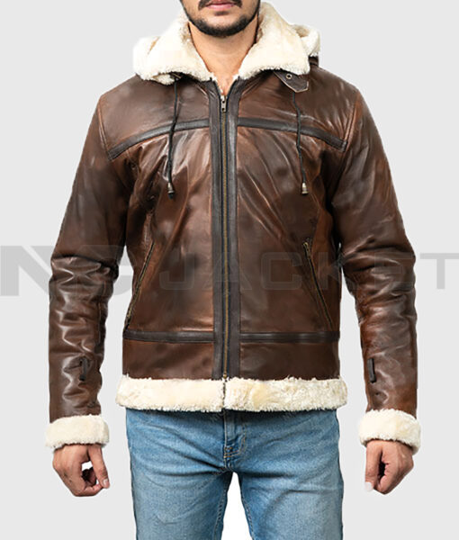 Theodore Men's Brown Hooded B-3 Bomber Leather Jacket - Brown Hooded B-3 Bomber Leather Jacket for Men - Front Close View