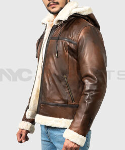 Theodore Men's Brown Hooded B-3 Bomber Leather Jacket - Brown Hooded B-3 Bomber Leather Jacket for Men - Side View 2