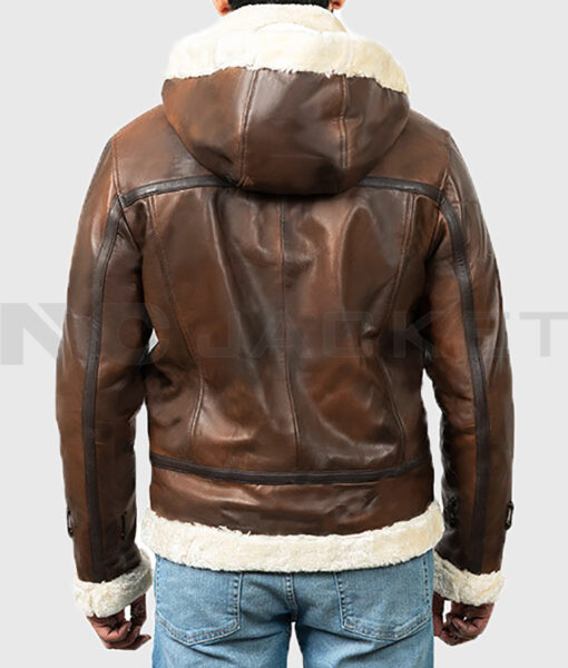Theodore Men's Brown Hooded B-3 Bomber Leather Jacket - Brown Hooded B-3 Bomber Leather Jacket for Men - Back View