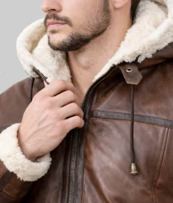 Theodore Men's Brown Hooded B-3 Bomber Leather Jacket-Zoom