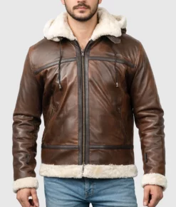 Theodore Men's Brown Hooded Bomber Leather Jacket-Front